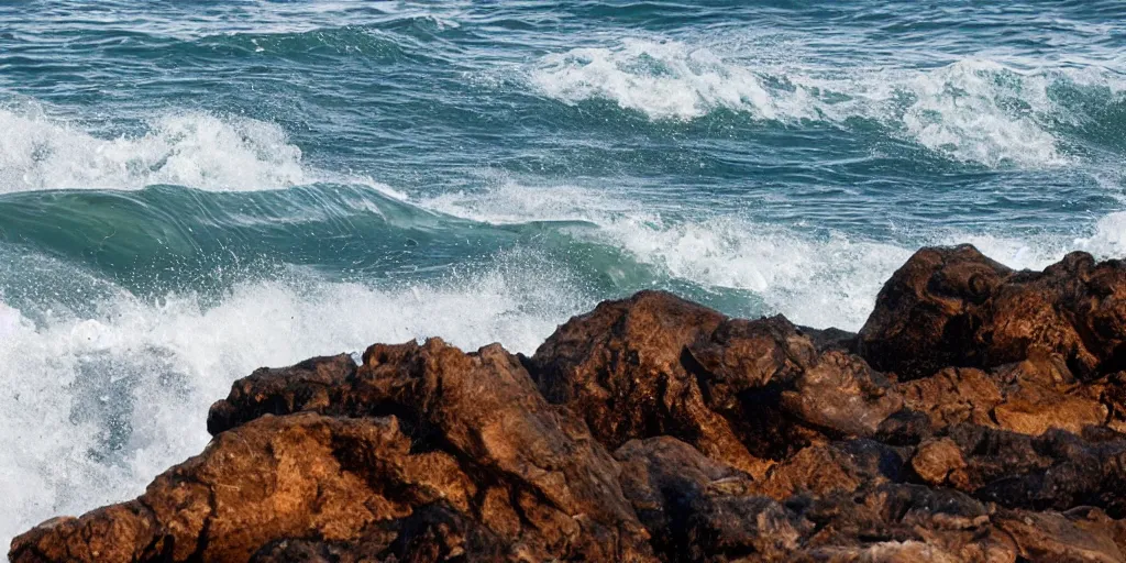 Prompt: shark fins visible through the waves from a rocky shore