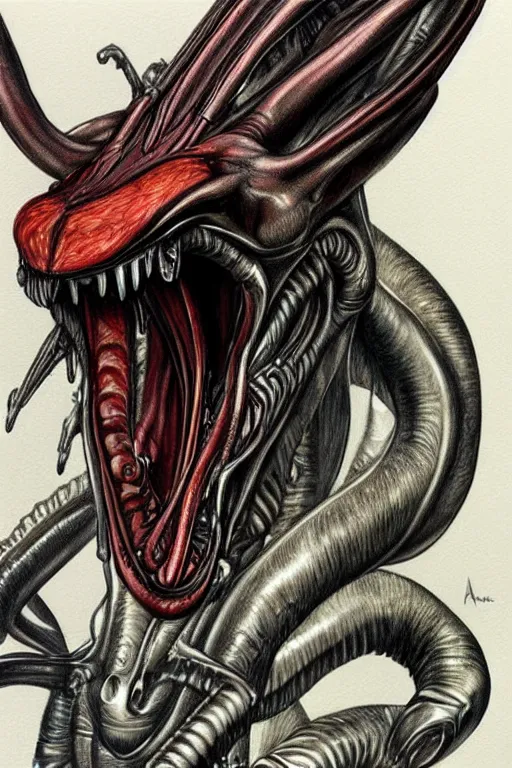 Prompt: a realistic color drawing of an angry xenomorph, portrait, aaron horkey