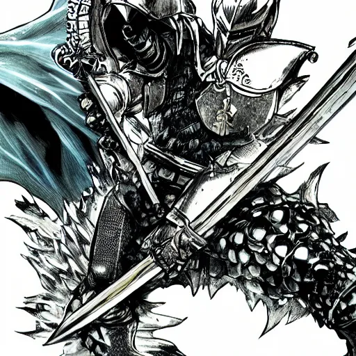 Image similar to knight in green car, blue armor, gold sword, dragon attack, low angle, action, manga panel, ONE, Murata, Berserk