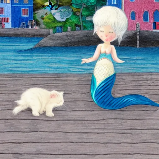 Image similar to a mermaid at the wharf in San Francisco meets a small white kitten, fantasy illustration,