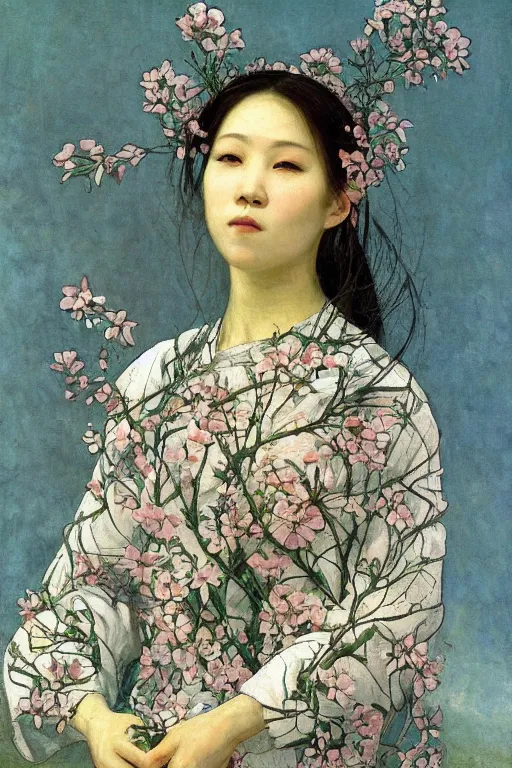 Image similar to close - up fashion asian woman portrait airy flowers sacura cloudy sky art by vasnetsov