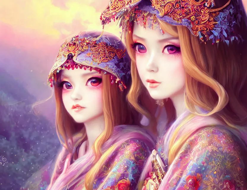 Image similar to two beautiful fashion siberian girls wear fantasy kimono in festival | | big eyes, sunny, dreamlike art, realistic shaded, smile, good looking, hyper details, 4 k realistic, cryengine, realistic shaded lighting poster by artgerm, ross tran, fuji choko, loish, 8 k resolution, trending on artstation, luxury