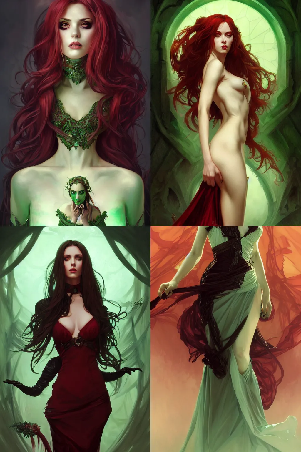 Prompt: portrait of a dark fantasy seductive female necromancer, revealing stylish dress, green eyes, long red hair, fantasy, elegant, intricate, full frontal shot, highly detailed, digital painting, artstation, concept art, sharp focus, illustration, art by artgerm and greg rutkowski and alphonse mucha