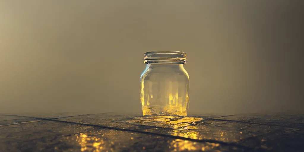 Prompt: jar on a glass table, environment reflected in the jar, fog, rain, volumetric lighting, beautiful, golden hour, sharp focus, ultra detailed, cgsociety