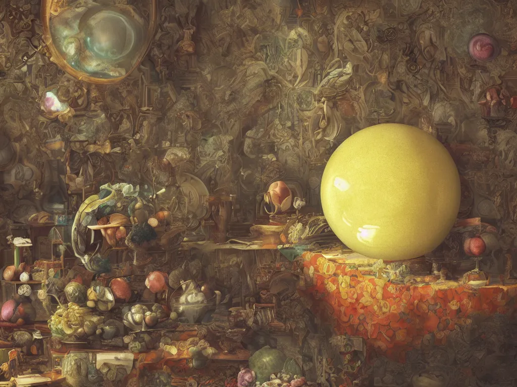 Image similar to 3 d render, sunlight study, the universe is a spheroid region 7 0 5 meters in diameter, art nouveau, by cornelis de heem and ( ( ( ( ( lisa frank ) ) ) ) ), 8 k, sharp focus, octane render