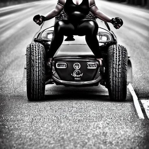 Image similar to side car, bodybuilder, woman, holding, road, photo, digital art, hands, underbody, tire, standing