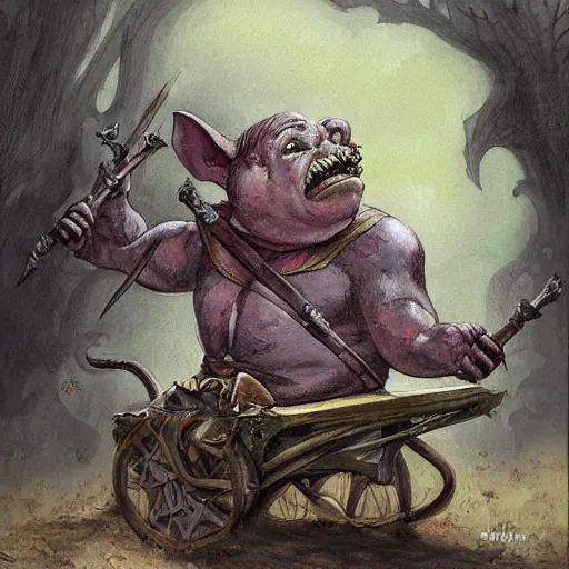 Image similar to painting of fat goblin riding in a slapdash wooden cart holding a lance, fantasy art, magic : the gathering art, by diterlizzi