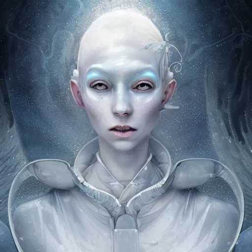 Image similar to a hyperrealistic illustration of an alien in the Arctic, white long clothes, snow on the body, blue transparent ice with fractal sunlight, award-winning, masterpiece, in the style of Tom Bagshaw, Cedric Peyravernay, Peter Mohrbacher