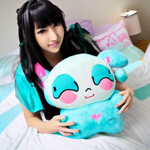 Prompt: hatsune miku plush doll fufu pillow on the bed, high quality photo