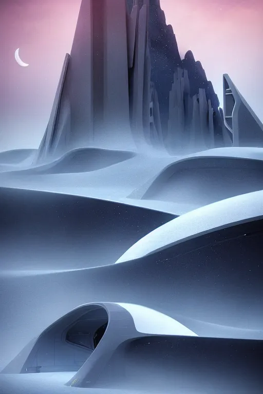 Prompt: zaha hadid buildings in the middle of a planet hoth star wars scene in the mountains with a crescent moon, trending on artstation, cinematic matte painting, stormy weather, pastel sunset in the craggy dolomites, extreme detail photo quality, dark moody colors, featured on behance