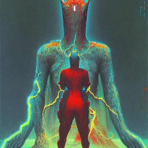 Image similar to ultraman vs chtulhu by beksinski and tristan eaton, dark neon trimmed beautiful dystopian digital art