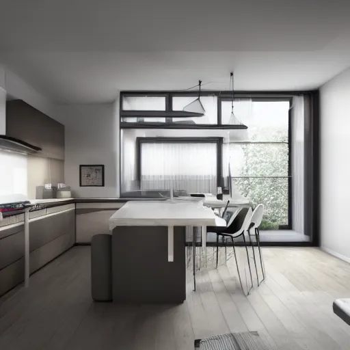 Prompt: brutalist house kitchen interior design ominous dark powerful giant open space high quality furniture octane render