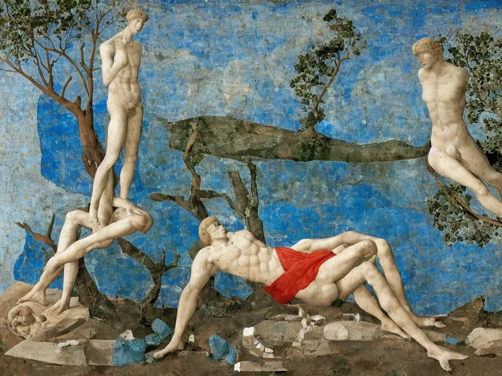 Image similar to broken, ruined marble greek sculpture the head of apollo lying in the sand, tree. lapis - lazuli, turquoise, malachite, cinnabar, earth brown. painting by piero della francesca, balthus, agnes pelton