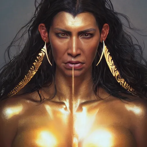 Image similar to portrait of tall hyper - muscular bronze - skinned warrior woman with long flowing black hair and big gold earrings, volumetric lighting, dynamic composition, art by sachin teng and sergey kolesov and ruan jia and heng z, scifi, hyper detailed, ultra realistic, sharp focus, wildlife photography, national geographic, octane render, concept art