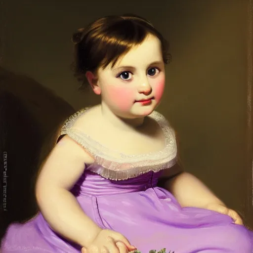 Image similar to portrait of a german toddler princess sitting down in a silk lavender gown, circa 1 8 3 7, by carl joseph begas, highly detailed, beautiful, oil on canvas, 1 8 3 0 s, romanticism