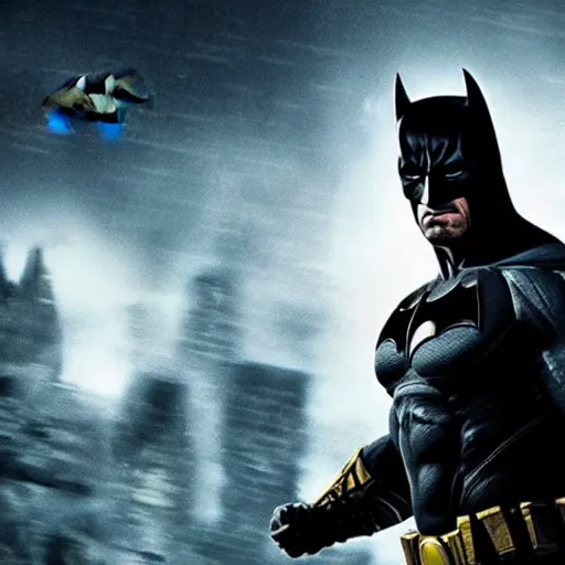 Image similar to Dwayne Johnson as batman Arkham, cinematic, epic , dramatic