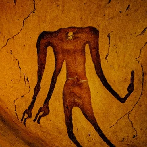 Prompt: cave painting of alien arriving to earth