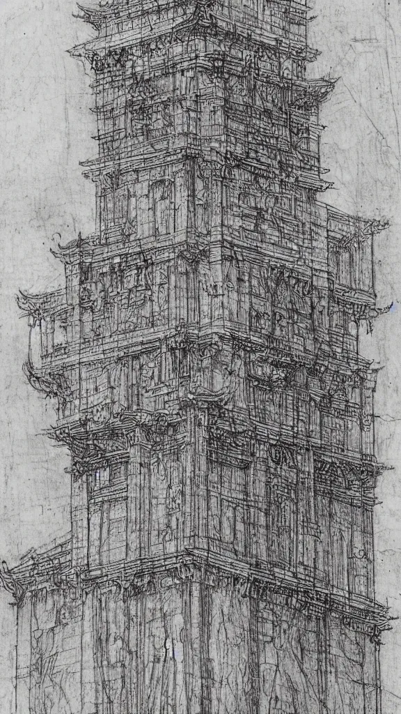 Image similar to architectural design studies of pise tower, schematics, notes, different closeup view, drawn by Leonardo da Vinci, chinese inkpen draw, artistic, intricated details