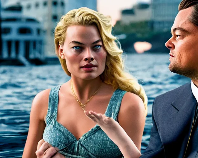 Image similar to leonardo dicaprio as the wolf of wall street next to margot robbie as naomi from the wolf of wall street on a fishing boat, hyper realistic faces, beautiful eyes, cinematic, long shot, hyper detailed, 8 5 mm photograph, 8 k resolution, film still, sharp lens, wide lens