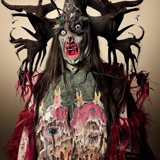Prompt: a photography of a costume of a demonic creature with big painted eyes and a dragon mouth, with lots of long hairs and wearing multiple layers of fabrics with patterns by charles freger