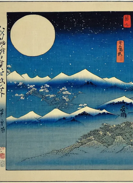 Image similar to blue roses on a mountain melting into the sky with stars of utagawa hiroshige