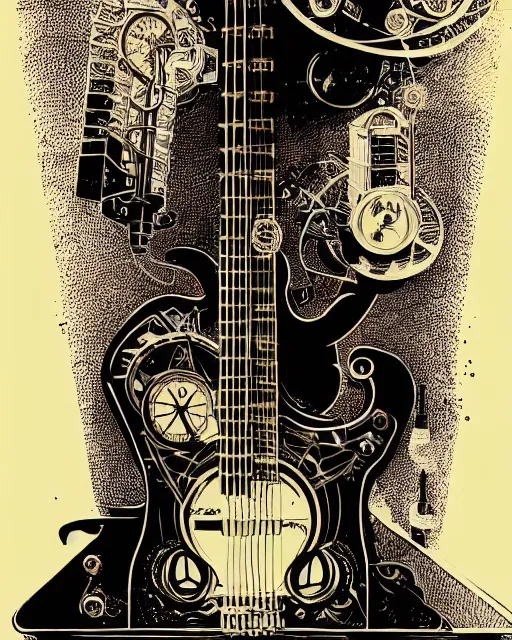 Prompt: a majestic steampunk alchemists guitar, two point perspective, furniture, high details, bold line art, by vincent di fate and joe fenton, inking, etching, screen print, masterpiece, trending on artstation, sharp, high contrast, hyper - detailed,, hd, 4 k, 8 k