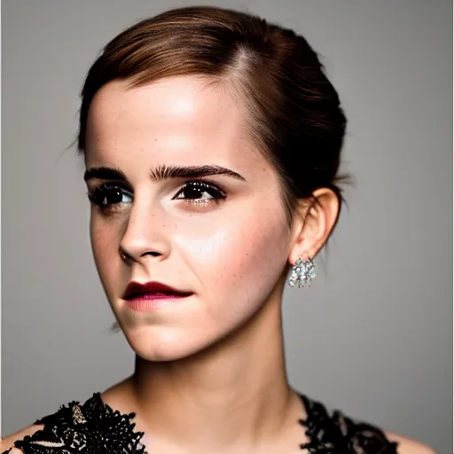 Image similar to emma watson with jewellary crown queen, sensual, beautiful soft light failling on her face, studio photography, nikon 3 5 mm portrait photography, ultra realistic