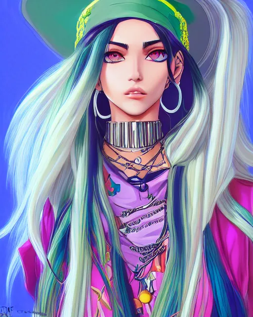 Image similar to portrait of madison beer, beautiful, elegant colorful, inspired by steel ball run manga, artstation trending, deviantart, highly detailed, focus, smooth, illustrated by hirohiko araki