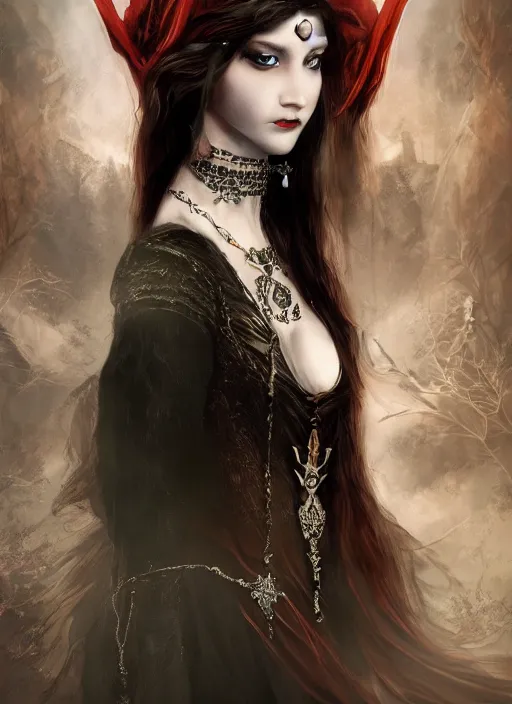 Prompt: mysterious beautiful Victorian vampire princess with long hair and a jeweled crown, fantasy, medieval, vivid colors, fantasy, elegant, concept art, sharp focus, beautiful face!!, digital art, Hyper-realistic, 4K, Unreal Engine, Highly Detailed, HD, Dramatic Lighting by Brom, trending on Artstation