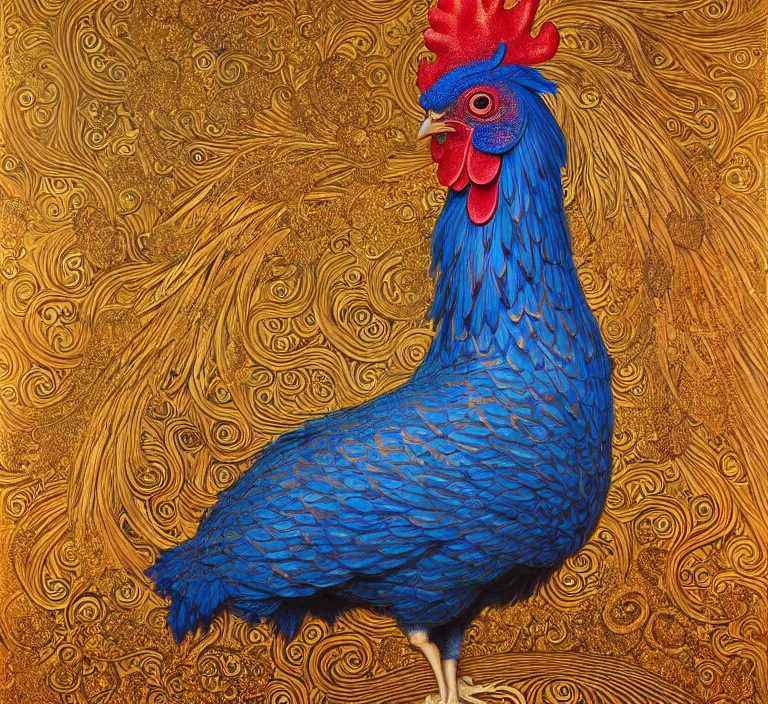 Prompt: beautiful regal blue chicken hen centered, artwork by james jean, hyper detailed realistic smooth, jean delville, art nouveau, gustav klimt, ornate copper patina gothic icon, james jean, ultrasharp hyperdetailed photorealistic octane render