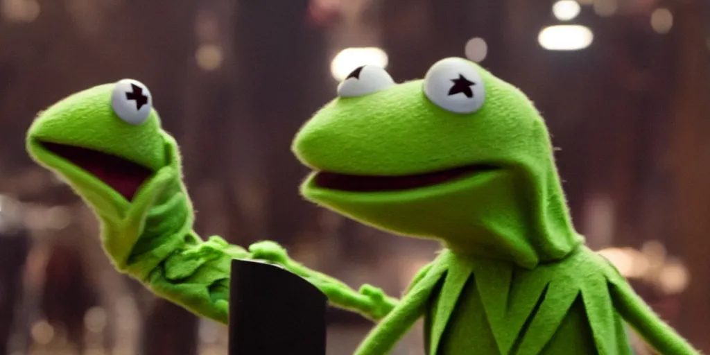 Prompt: Kermit in the Avengers movie (2012), IMAX footage