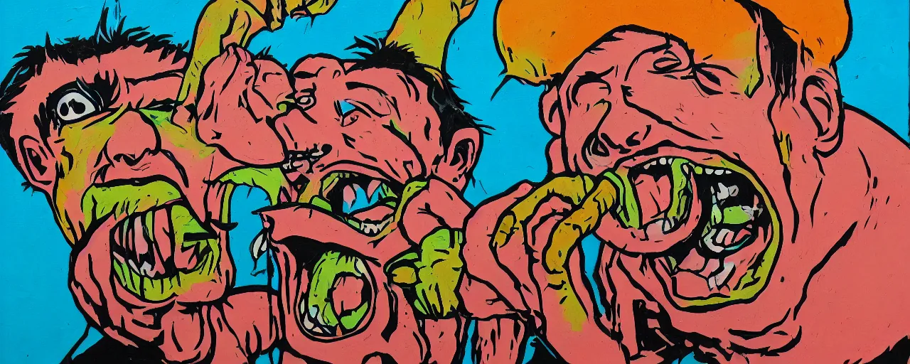 Image similar to portrait of a mad man screaming eating another head, Santacruz art style