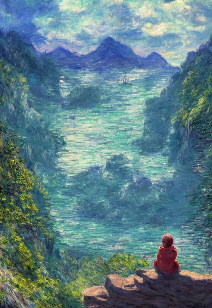 Image similar to tiny king in front of a japanese city in the mountain surrounded by waterfall. cyberpunk, boats flying. beautiful blue sky. gorgeous epic nature, lofi, vivid colors, amazing light, by jeremy lipkin, by claude monet, heavily inspired by makoto shinkai, inspired by ghibli, masterpiece, multiple brush strokes, impressionist style