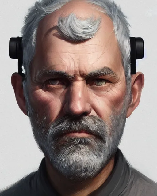 Prompt: a grey bearded man wearing a vr headset, shoreditch, real life skin, intricate, highly detailed, artstation, concept art, smooth, sharp focus, art by artgerm and greg rutkowski