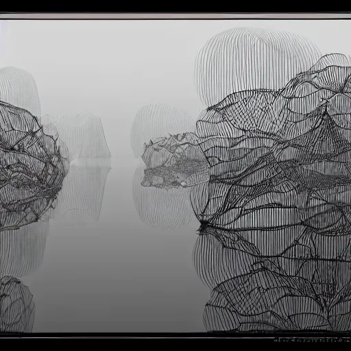 Image similar to remains of the stems of lotus flowers mirrored on a river and looking like sharp geometric scribbles, soft Chinese bridge contour far in the background, light fog, highly detailed black and white photograph by René Burri, 35mm, f/11, ISO 100, concept art, cgsociety, octane render, trending on artstation, artstationHD, artstationHQ, unrealengine