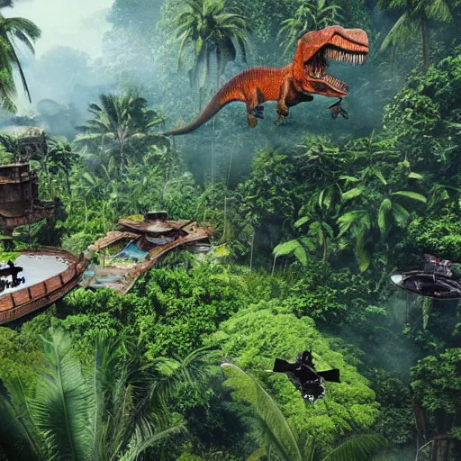 Image similar to a drone view of an elaborate time machine with floating platform over a prehistoric jungle with a t - rex in the background, unreal engine, hyper detailed