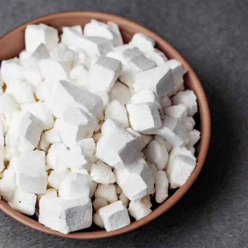 Prompt: white pink unjustifiable food chunks in styrofoam bowl,