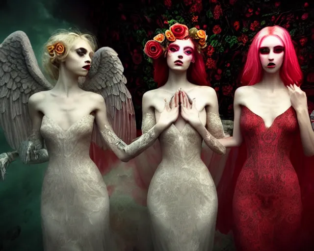 Image similar to three stunning otherworldly gothic goddesses with beautiful angelic faces, wearing psychedelic wicca, in wedding dresses, red neon roses, full body, dark and mysterious, atmospheric, ominous, eerie, cinematic light, epic, 8 k 3 d, ultra detail, ultra realistic, by giger, by wlop, by mucha