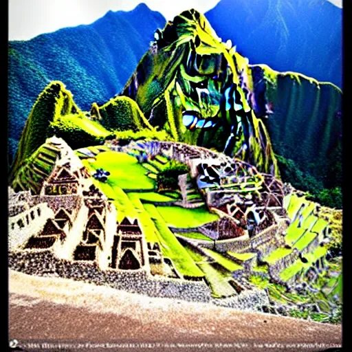 Prompt: machu picchu with Jim Carrey face as the mountain