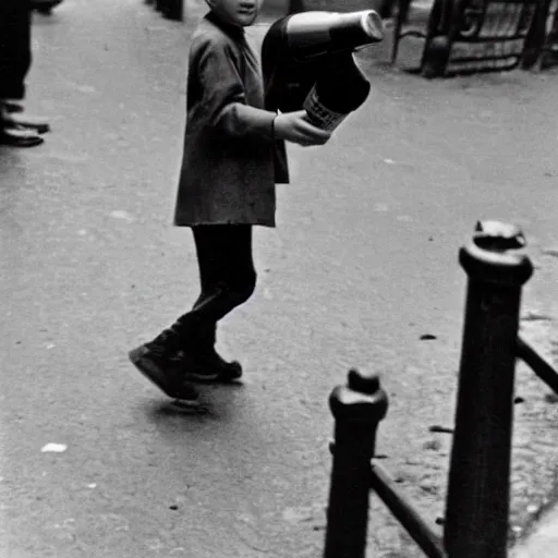 Image similar to the boy holding wine bottle in paris street, by henri cartier bresson,