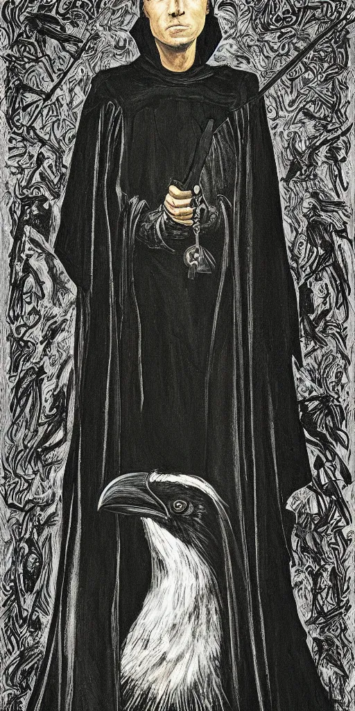 Image similar to portrait of a raven in a vantablack cloak and holding a symbolic weapon. portrait hung up in a windows 9 8 castle. r / oldschoolfantasy