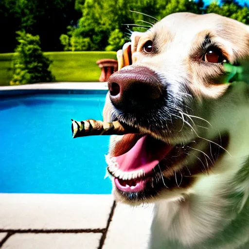 Image similar to a very detailed photo of a dog smoking a cigar outside the mansion by the pool