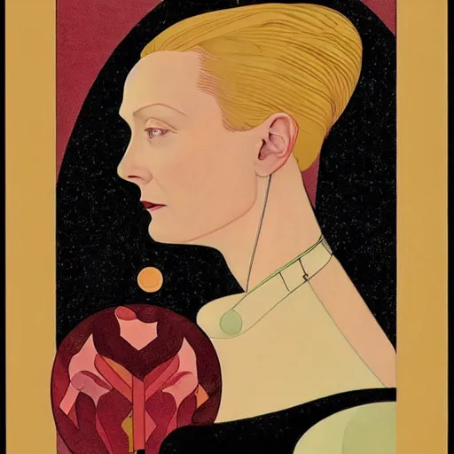 Image similar to a portrait by coles phillips of the stunningly beautiful actree, tilda swinton, mucha, kandinsky, art deco, decadence,