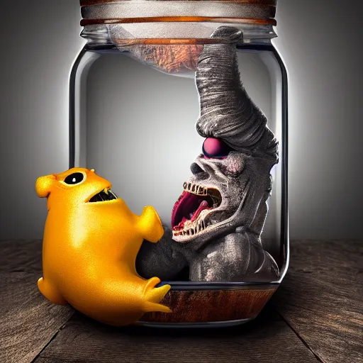 Image similar to Evil monster in a jar by Mike Francini, product photography, centered, studio lightning