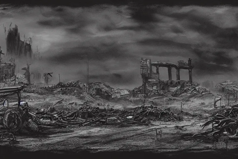 Image similar to dark black and white drawing of a wasteland scavenger