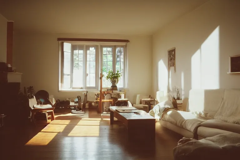 Image similar to film photography of the light shining in living room interior, soft light, no focus