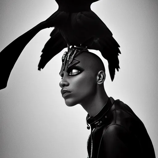 Prompt: fashion photography of a model with the head of a crow, wearing futuristic hip - hop fashion, inside berghain, futuristic fashion, photo 3 5 mm leica, hyperdetail, 8 k, very detailed, black and white