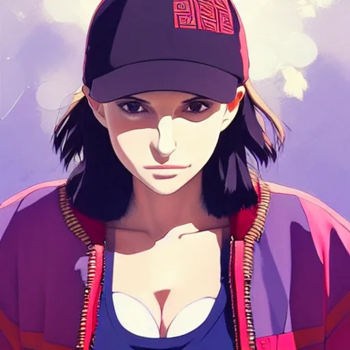 Image similar to a beautiful! boyish! natalie portman alluring gravure! model, wearing oversized aztec bomber jacket and leotard, poofy bomber jacket with mayan patterns, gapmoe yandere grimdark, trending on pixiv fanbox, painted by greg rutkowski makoto shinkai takashi takeuchi studio ghibli, akihiko yoshida