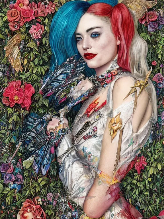 Image similar to a 65mm portrait of harley quinn between embellished avian-inspired sequined feather-adorned wings and flower bushes,by tom bagshaw,Cedric Peyravernay,DIOR,marie spartali Stillman,William Morris,Dan Mumford,trending on pinterest，maximalist,glittering,feminine