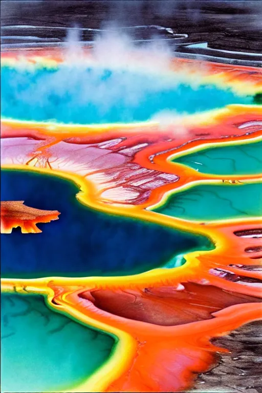 Image similar to grand prismatic spring drone photorealism by arthur haas and bruce pennington and john schoenherr, cinematic matte painting, 8 k, dark color palate